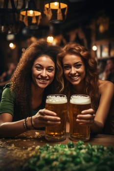 women dressed in green with beer celebrating Oktoberfest on bar background. AI Generated