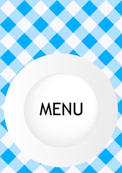 Menu Card Design - Blue Gingham Texture With Plate and Menu Sign