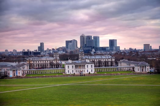 Beautiful sunset in Greenwich over Canary Wharf