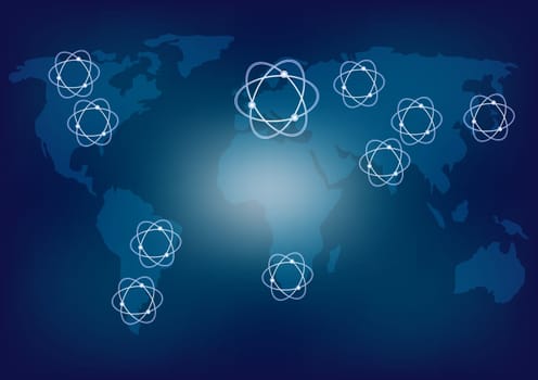 Map of World and Nuclear Energy Icons on Blue Background