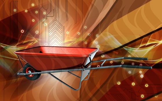 Digital illustration of metal tray wheel barrow in colour background