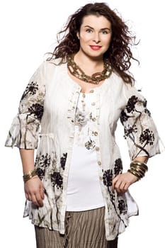 large build caucasian woman spring summer fashion models clothes clothings on studio isolated plain background