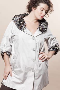 large build caucasian woman spring summer fashion models clothes clothings on studio isolated plain background