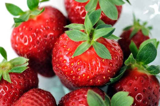Glass bowl with fresh strawberries. Selective focus macro.