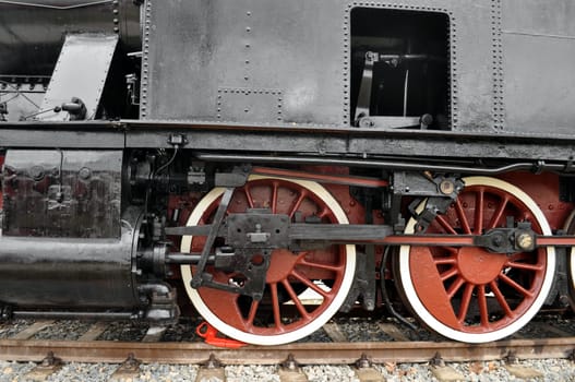 Detail of ancient steam train locomotive vehicle