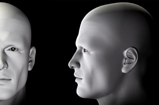 Male figure profile and portrait on black background. Digitally created 3d illustration.
