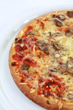 Pepperoni pizza with mushrooms on white plate