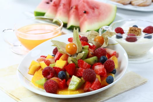 Delicious fresh  fruit salad served in bowl as dessert