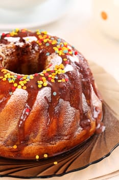 Delicious ring cake garnished with hot chocolate