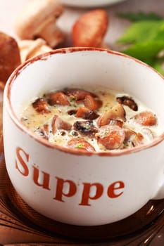 Mushroom soup with field mushroom (agaricus) and shiitake mushroom