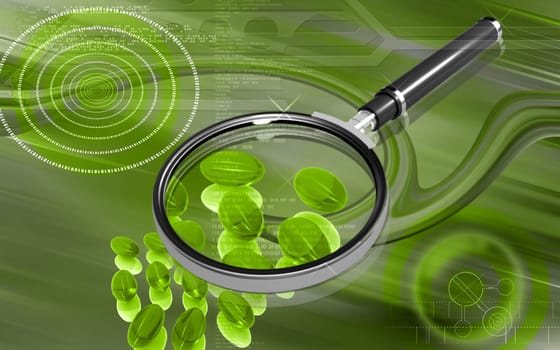 Digital illustration of a magnifying glass in colour background