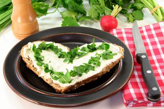 a roll topped with cream cheese and fresh wild garlic