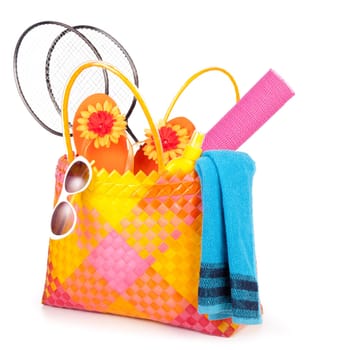 beach bag with towel sunglasses flip-flops and hat.isolated on white