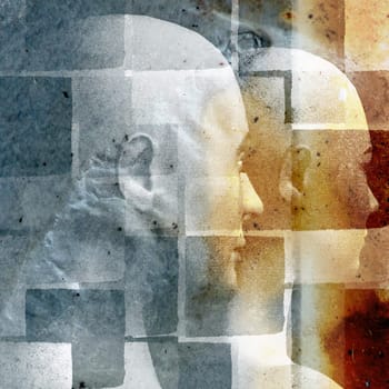 Faded picture of human figures illustration on stained vintage photo paper.