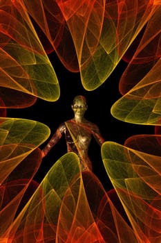 Computer generated futuristic abstract illustration. Spiral fractal and female figure.