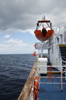 View of sea and overcast sky from the deck of a ferry boat.