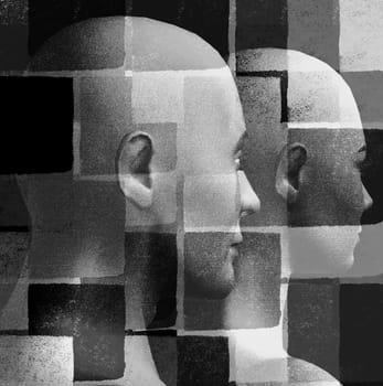 Futuristic couple and geometric pattern. 3d black and white illustration.
