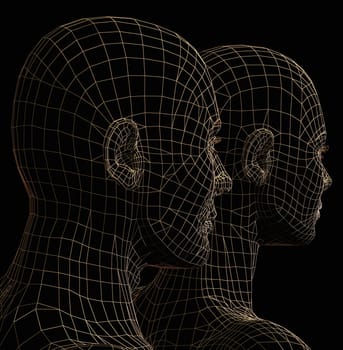 Futuristic couple wire frame silhouette. 3d illustration on black background.