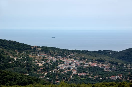 Traditional mountain village overlooking the ionian sea, Keri, Zakynthos, Greece.