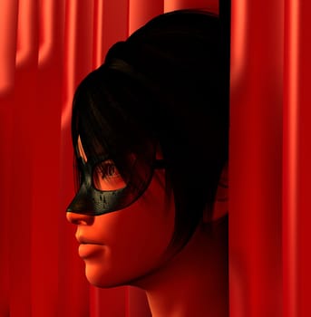 Masked woman and red curtains 3d illustration.