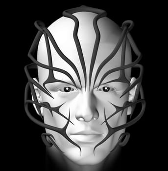 Man with futuristic tribal mask. 3d illustration.