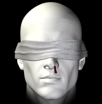 Blindfolded tortured man with bleeding nose. 3d illustration.