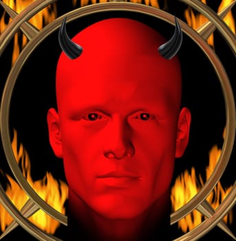 Red devil and hellfire flames. Digital 3d illustration.