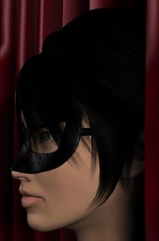 Masked woman and red silk curtains 3d illustration.