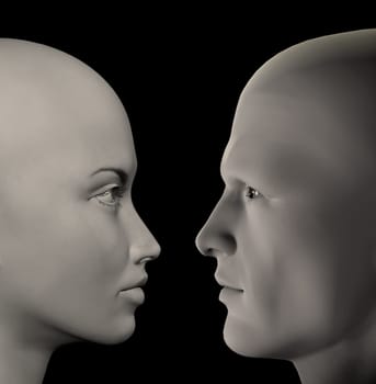Man and woman facing couple. 3d digitally created illustration.