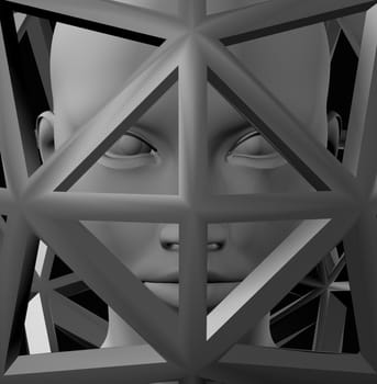 Alien female figure and abstract shapes futuristic 3d illustration.