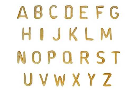 Alphabet soup pasta font. Typographic characters made from childrens food.
