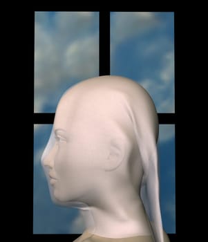 Woman veiled with white cloth against blue sky window frame. 3d illustration.