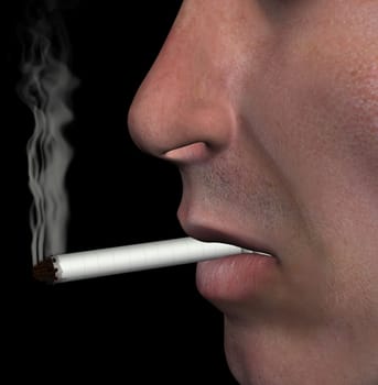 Smoking man closeup and cigarette smoke on black background. 3d illustration.