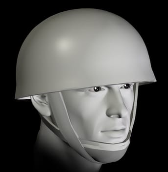 Soldier with helmet preparing for battle portrait on black background. 3d illustration.
