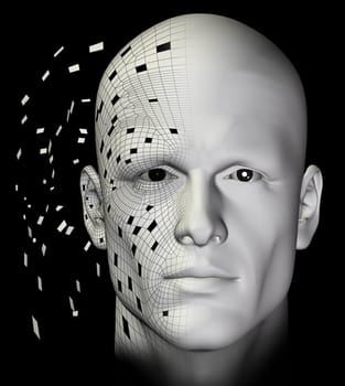 Teletransported man connecting the virtual pieces. Futuristic 3d illustration.