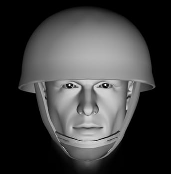 Male soldier head portrait with dramatic light on black background. 3d illustration.
