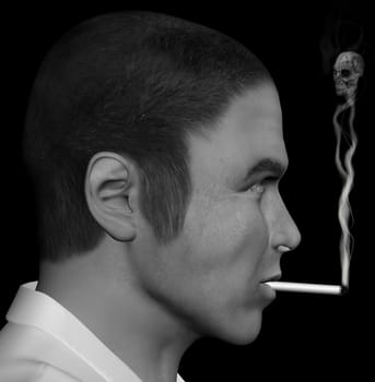 Man smoking a cigarette with skull forming through the smoke. 3d illustration.