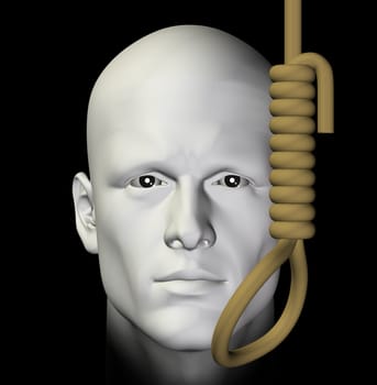 Suicidal man and hanging noose on black background. 3d illustration.