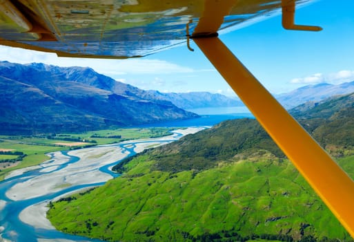 View of the Wilkin River Valley in New Zealand from a plane