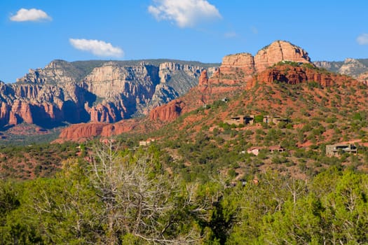 View of red rocks and homes in Sedona, Arizona