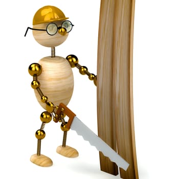 3d wood man with a saw isolated