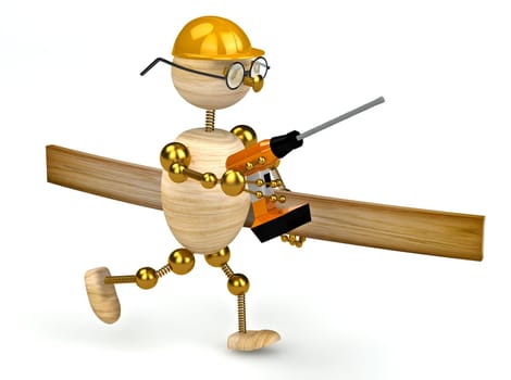 3d wood man with a drill isolated