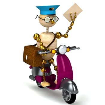 3d wood postman is riding on moped isolated