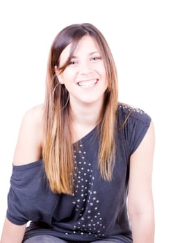 portrait of a beautiful young girl smiling over a white background with lots of possibilities of copy space