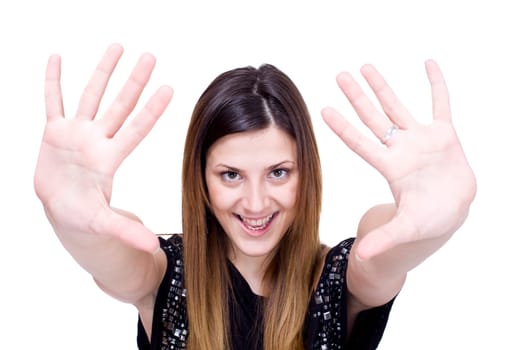 happy real beautiful girl with hands forward