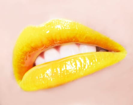 sexy woman lips with yellow make up and gloss