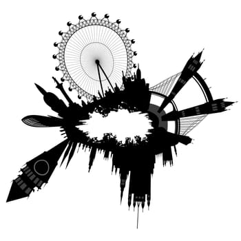 Illustration of the London skyline - Big Ben, London Eye, Tower Bridge, Westminster - in grunge style