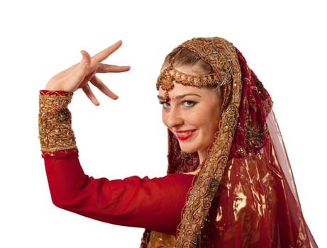 Beauty woman in red oriental indian costume isolated