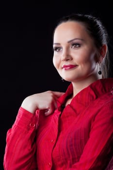 Casual woman in red suit look at light