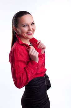 Casual woman in red suit smile and look at you